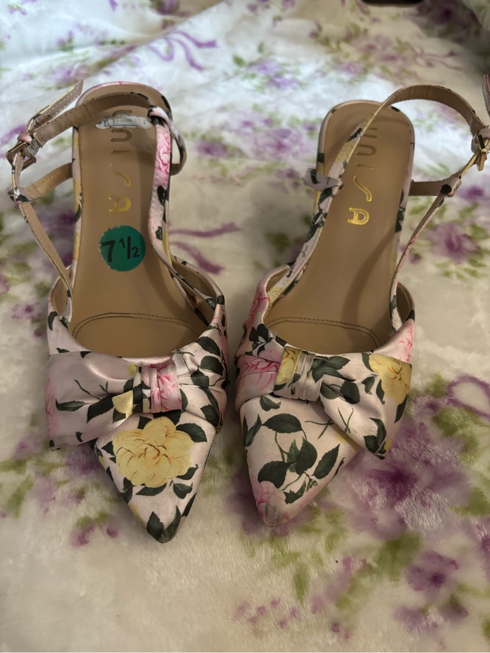 Unisa Pink Floral Pointed Toe Slingback Heels with Bow